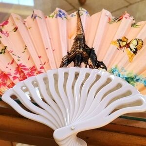 Vintage Oriental Folded Asian Hand Painted Fan of Eiffel tower & Butterflies.